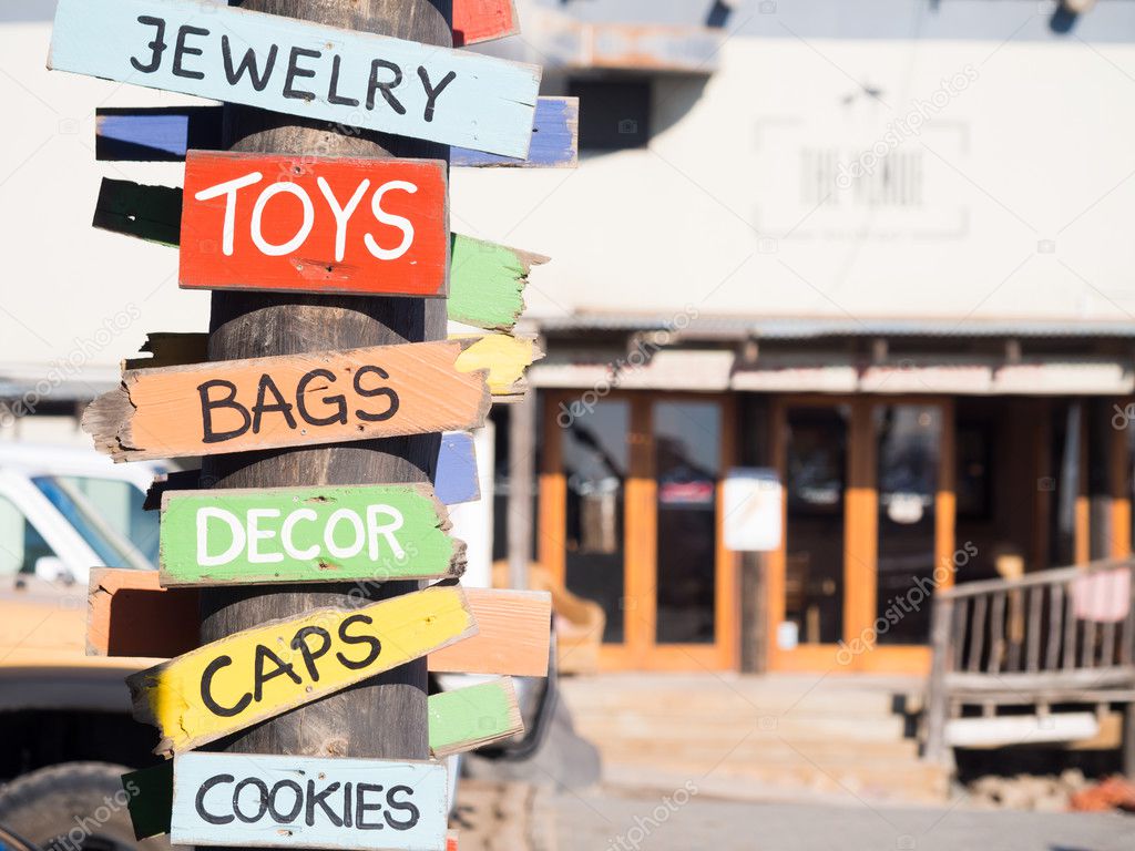 Colorful wooden signs for souvenir stores