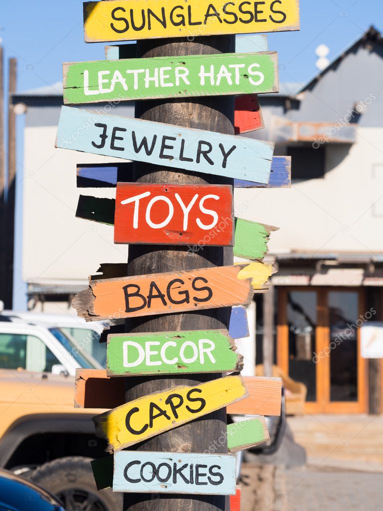 Colorful wooden signs for souvenir stores