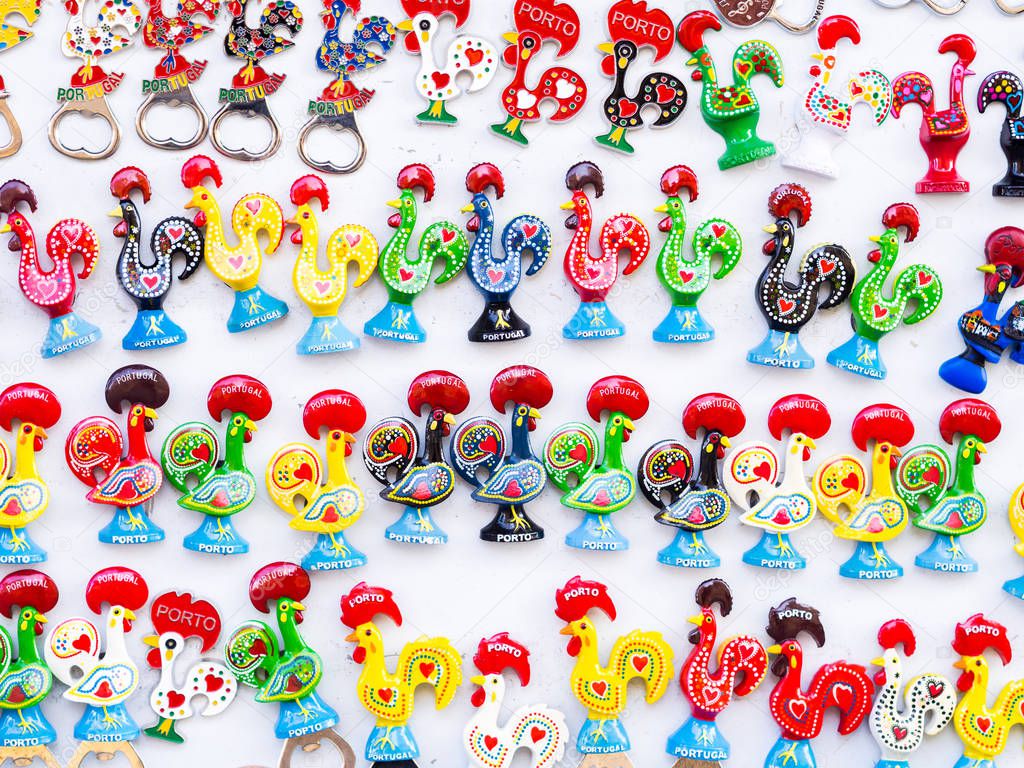 Magnets shaped as Galo de Barcelos or Barcelos Rooster, symbols of Portugal, sold in Porto