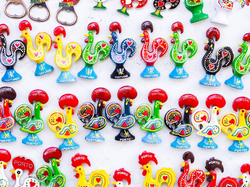 Magnets shaped as Galo de Barcelos or Barcelos Rooster, symbols of Portugal, sold in Porto