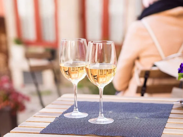 Two Glasses White Wine Served Small Cafe Old Town Porto — Stock Photo, Image