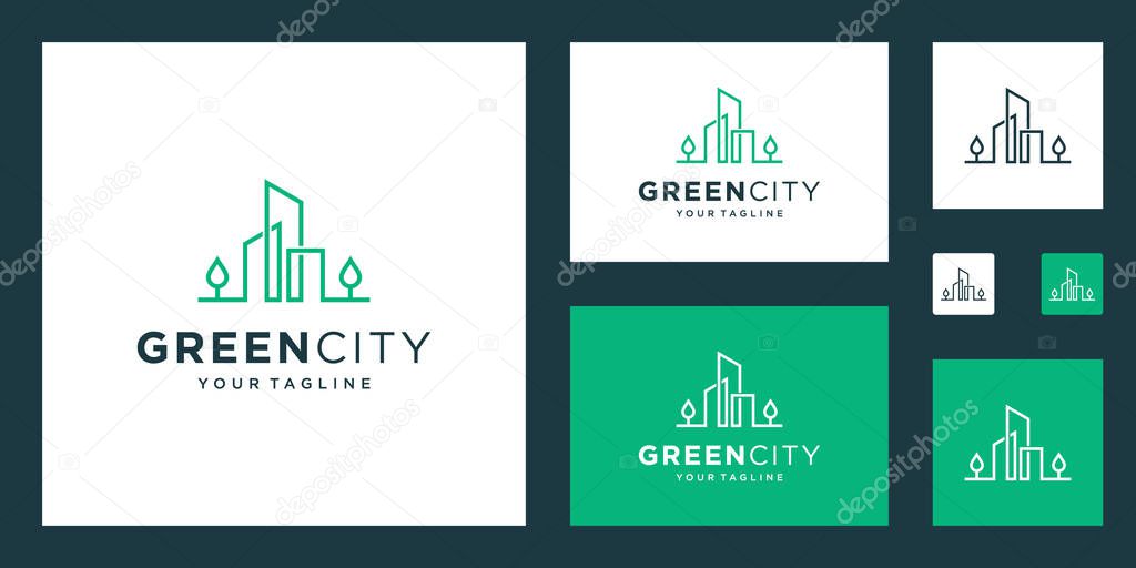Green city logo design vector template building. minimalist outline symbol for environmentally friendly buildings.