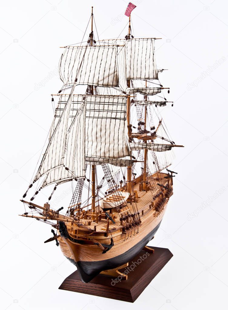 Model of wooden sailing ship isolated
