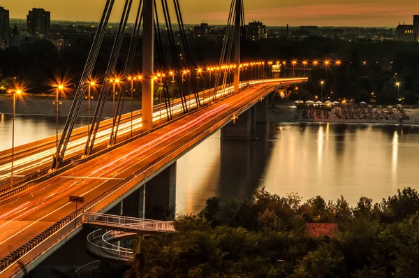 Pont Liberty Sur Danube Coucher Soleil Dans Ville Novi Sad — Photo
