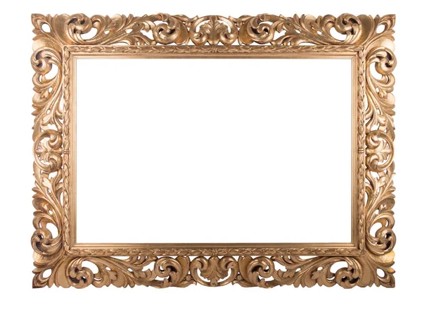 Wooden Golden Frame Rich Woodcut Ornament Isolated White — 스톡 사진