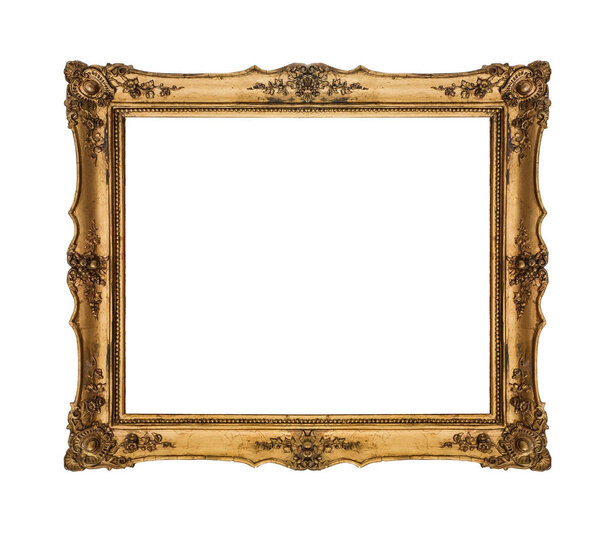 Старое дерево, позолоченная рамка, изолированная на белом
