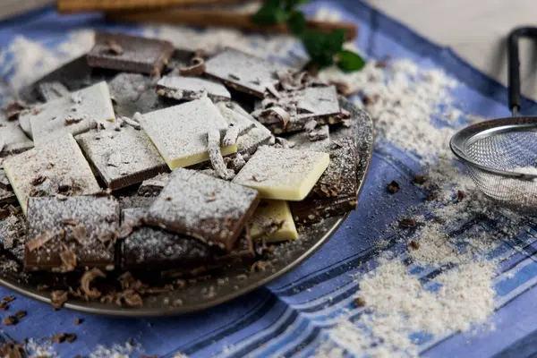 Nature Morte Chocolat Haut Avec Sucre Cannelle Menthe — Photo