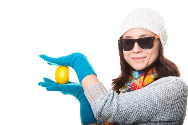 Young happy smiling woman with lemon, isolated on white background — Stock Photo, Image