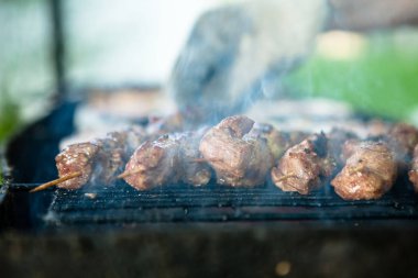 Kırsal kesimde bulanık güneşli bir çerçevede mangal yatan et sıcak sulu parçası gelen duman yayılan dumanı tüten bir bulut