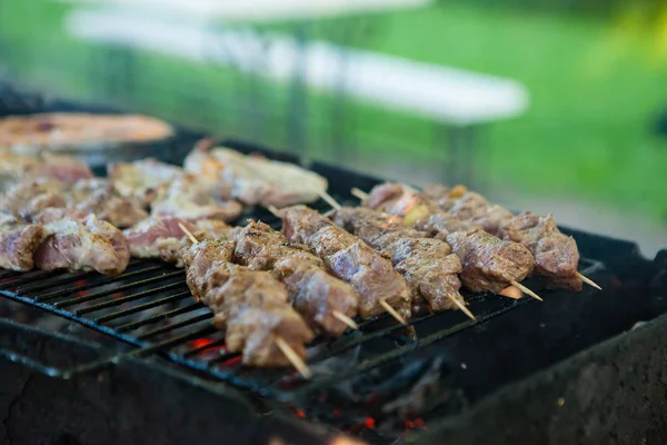 Barbecue de kebabs de viande juteux, sur les charbons - gros plan — Photo