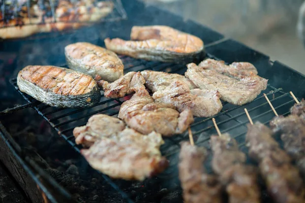 Барбекю, барбекю, барбекю в парке и шашлык из свинины на углях — стоковое фото