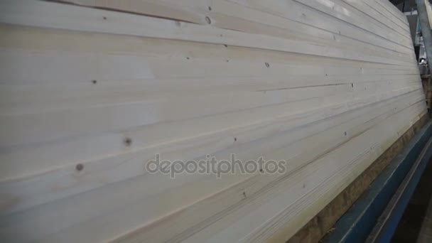 Produção de madeira empilhada de madeira de pinho para processamento e produção de móveis na empresa de marcenaria, fábrica industrial de porta — Vídeo de Stock
