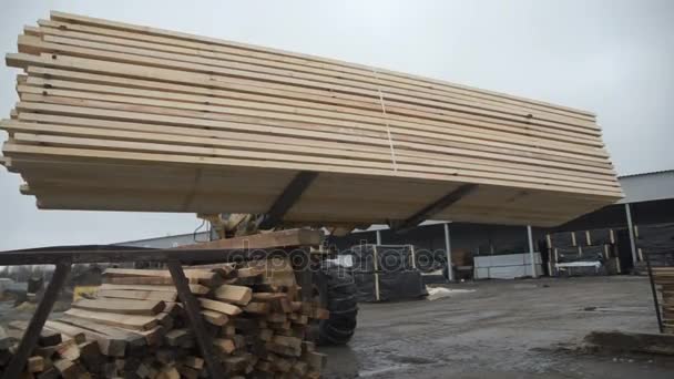 Cargador frontal que trabaja en la fábrica de procesamiento de madera — Vídeo de stock
