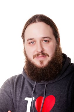 Yakın kadar beyaz arka plan üzerinde izole uzun sakal ve bıyık öğrenci