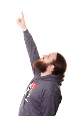 Sakallı bir adam yükseltilmiş elle ararken insan yan görünüm