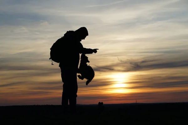 Silueta Hombre Perro Caniche Saltando Contra Atardecer Naranja — Foto de Stock