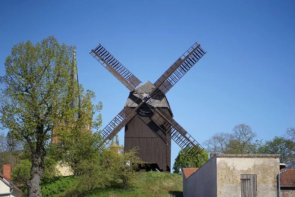 Historische Alte Holzwindmühle Vor Blauem Himmel Werder Brandenburg Deutschland — Stockfoto