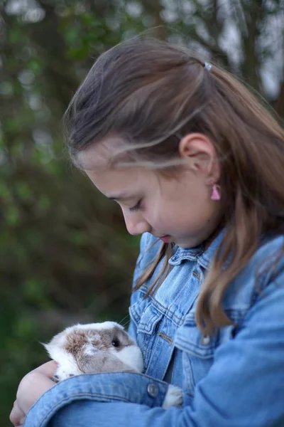 Portrait Young Blonde Girl Holding Gently Pet Bunny Rabbit Her — Stock Photo, Image