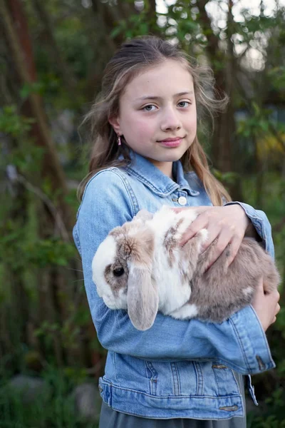 Portrait Young Blonde Girl Holding Gently Pet Bunny Rabbit Her — Stock Photo, Image