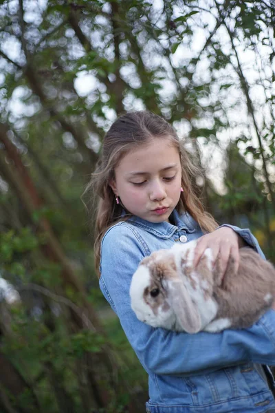 Portrait Young Blonde Girl Holding Gently Pet Bunny Rabbit Her — Stock Photo, Image