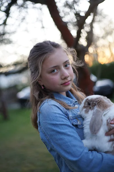 Portrait Young Blonde Girl Holding Gently Pet Bunny Rabbit Her — Stock Photo, Image