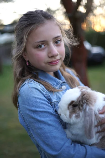 Portrait Young Blonde Girl Holding Gently Pet Bunny Rabbit Her — Stock Photo, Image