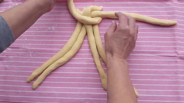 Challah Braiding Sweet Brioche Dough Six Braids — Stock Video
