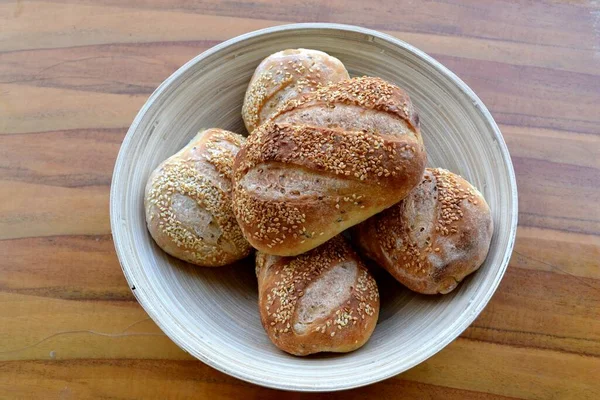 Crusty Home Baked Small Sandwich Sourdough Breads Sesame Seeds Wooden — Stock Photo, Image