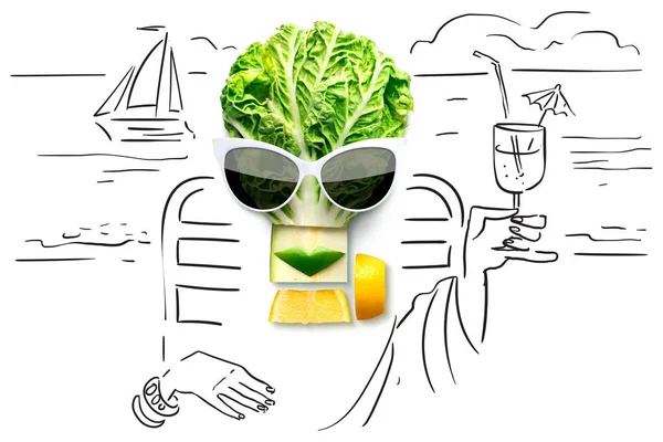 Un arte sabroso. Quirky food concept of cubist style female face in sunglasses on a beach made of fruit and vegetables, on sketchy background . — Foto de Stock