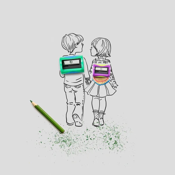 Holding hands. Creative concept photo of two sharpeners and a pencil with illustrated pupils holding hands on grey  background. — Stock Photo, Image