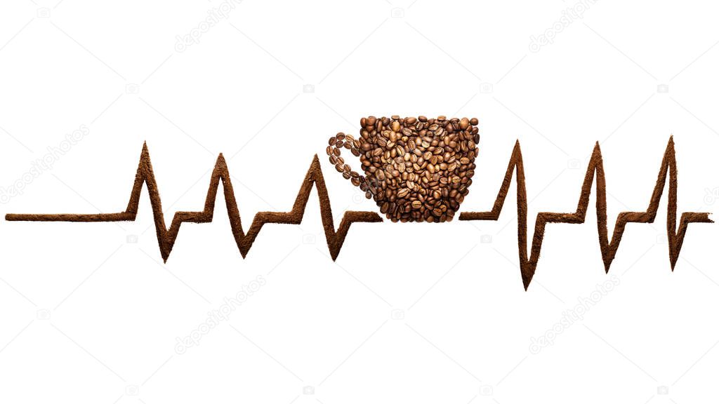 Coffee beat. Creative still life photo of a coffee cup and pulse line mad of coffee beans on white.