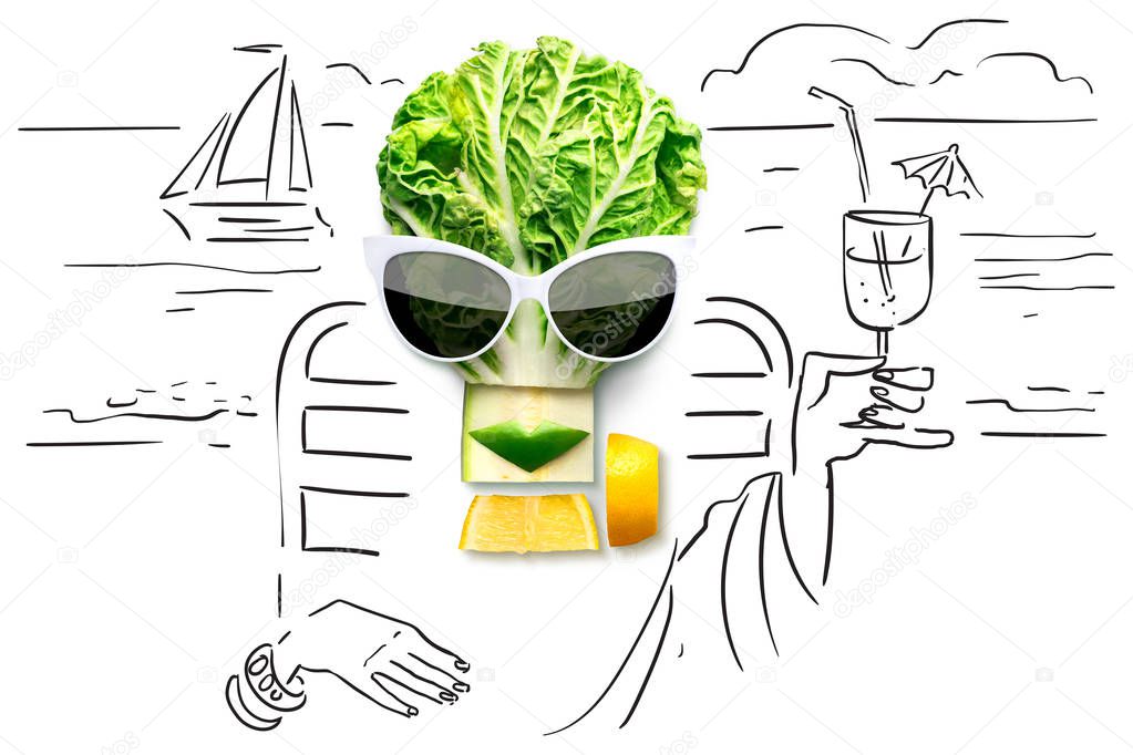 Tasty art. Quirky food concept of cubist style female face in sunglasses on a beach made of fruits and vegetables, on sketchy background. 
