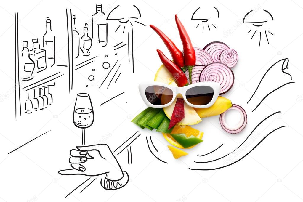 Tasty art. Quirky food concept of cubist style female face in sunglasses in a bar made of fruits and vegetables, isolated on sketchy background. 