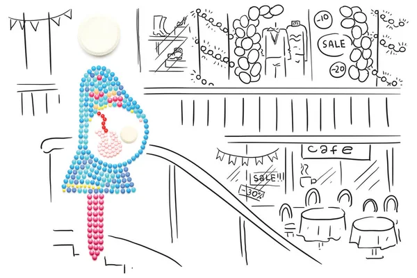 Baby drinnen. Kreatives Medizin- und Gesundheitskonzept aus Pillen, schwangere Mutter mit Baby auf skizzenhaftem Hintergrund. — Stockfoto