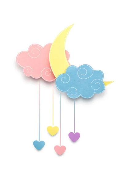 Kreatives Valentinskonzept Foto des Mondes und der Wolken mit Herzen aus Papier auf weißem Hintergrund. — Stockfoto