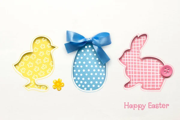 Happy easter. Creative easter concept photo of chicken egg and rabbit made of paper on white background. — Stock Photo, Image