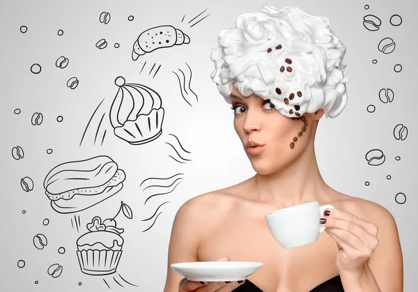 Lady with whipped cream on head and coffee — Stock Photo, Image
