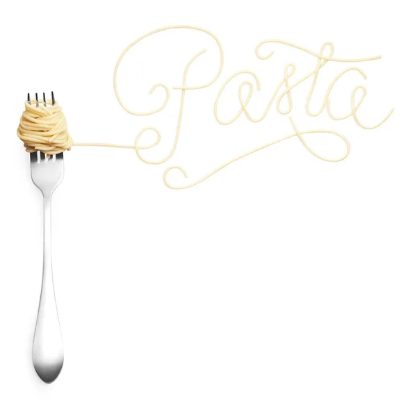 Pasta. Foto creativa di natura morta di una forchetta con un segno fatto di pasta isolata su sfondo bianco . — Foto Stock