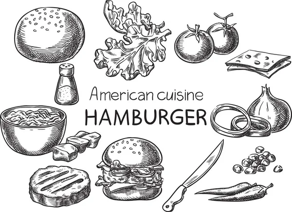 Amerikaanse keuken. Creatieve conceptuele vector. Schets hand getrokken Amerikaans eten recept illustratie, gravure, inkt, zeer fijne tekeningen, vector. — Stockvector