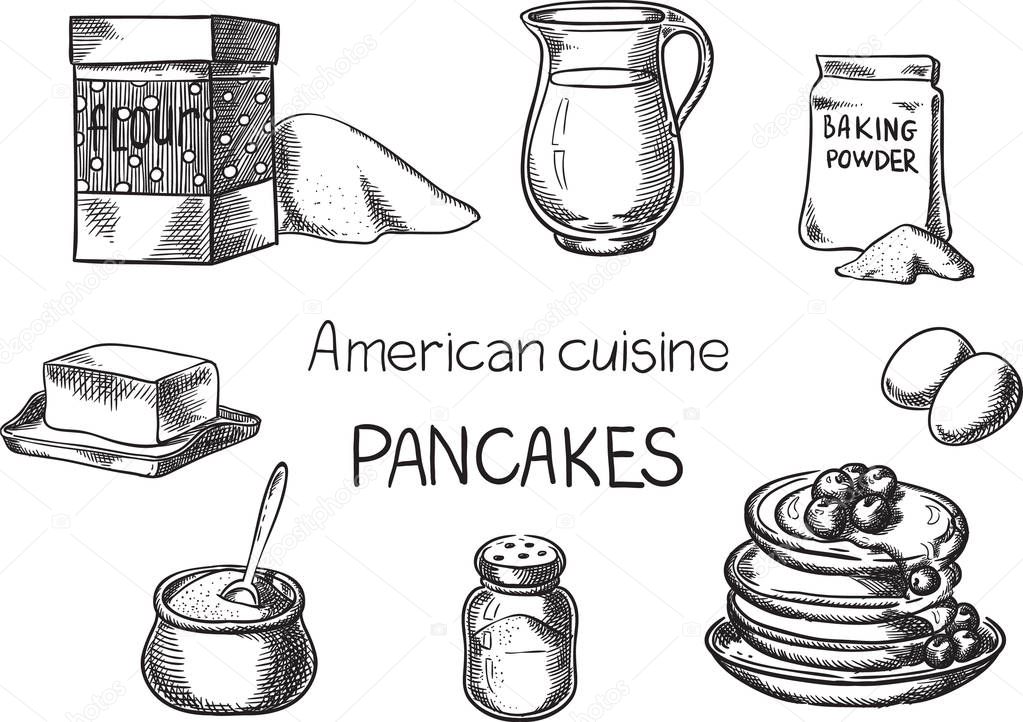 American cuisine. Creative conceptual vector. Sketch hand drawn american food recipe illustration, engraving, ink, line art, vector.