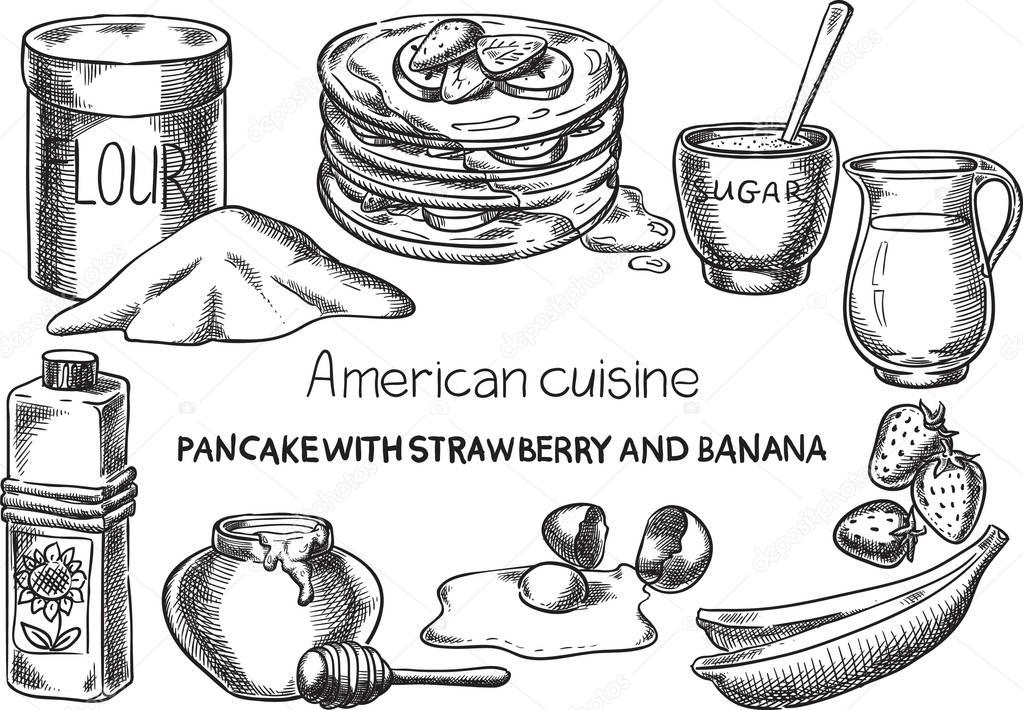 American cuisine. Creative conceptual vector. Sketch hand drawn american food recipe illustration, engraving, ink, line art, vector.