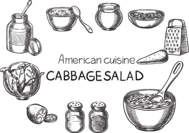 Amerikan mutfak. Yaratıcı kavramsal vektör. Kroki elle çizilmiş Amerikan yemeği tarifi illüstrasyon, gravür, mürekkep, Hat sanatı, vektör.