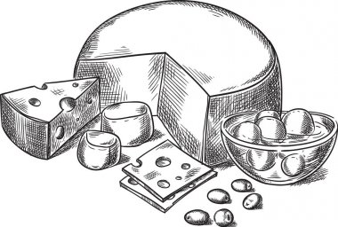 Cheeses.Creative kavramsal vektör. Kroki elle çizilmiş peynir illüstrasyon, gravür, mürekkep, Hat sanatı, vektör.