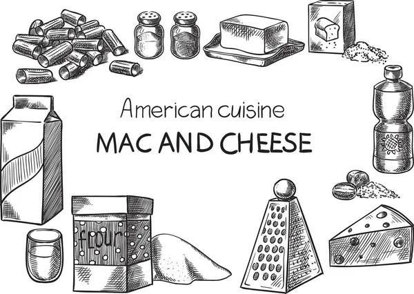 Amerikanska cusine. Kreativa konceptuella vektor. Skiss handritad amerikansk mat recept illustration, gravyr, bläck, konturteckningar, vektor. — Stock vektor