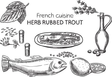 Fransız mutfağı. Yaratıcı kavramsal vektör. Kroki elle çizilmiş Fransız yemekleri tarifi illüstrasyon, gravür, mürekkep, Hat sanatı, vektör.