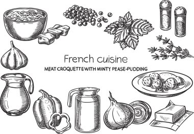 French cuisine.Creative conceptual vector. Sketch hand drawn french food recipe illustration, engraving, ink, line art, vector. clipart