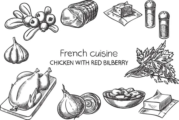 French cuisine.Creative conceptual vector. Sketch hand drawn french food recipe illustration, engraving, ink, line art, vector. — Stock Vector