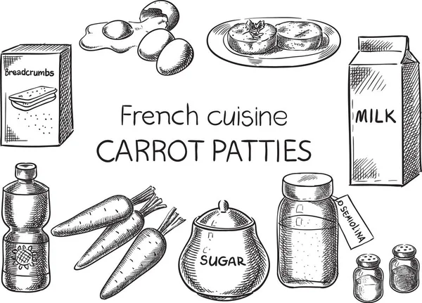 Franska rätter. Kreativa konceptuella vektor. Skiss handritad fransk mat recept illustration, gravyr, bläck, konturteckningar, vektor. — Stock vektor