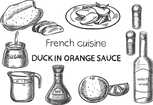 Γαλλική κουζίνα. Δημιουργική εννοιολογική διάνυσμα. Σκίτσο χέρι γαλλικό φαγητό συνταγή εικονογράφηση, μελάνι, γραμμικό σχέδιο, χαρακτική, διάνυσμα. — Διανυσματικό Αρχείο