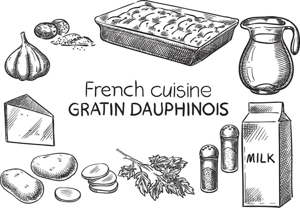 French cuisine.Creative conceptual vector. Sketch hand drawn french food recipe illustration, engraving, ink, line art, vector. — Stock Vector